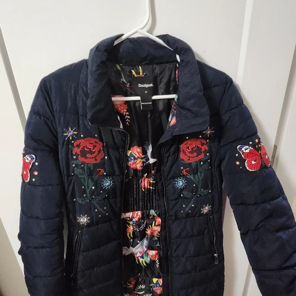 Desigual Navy Puffer Jacket with Red Rose Embroidery - Picture 4 of 11